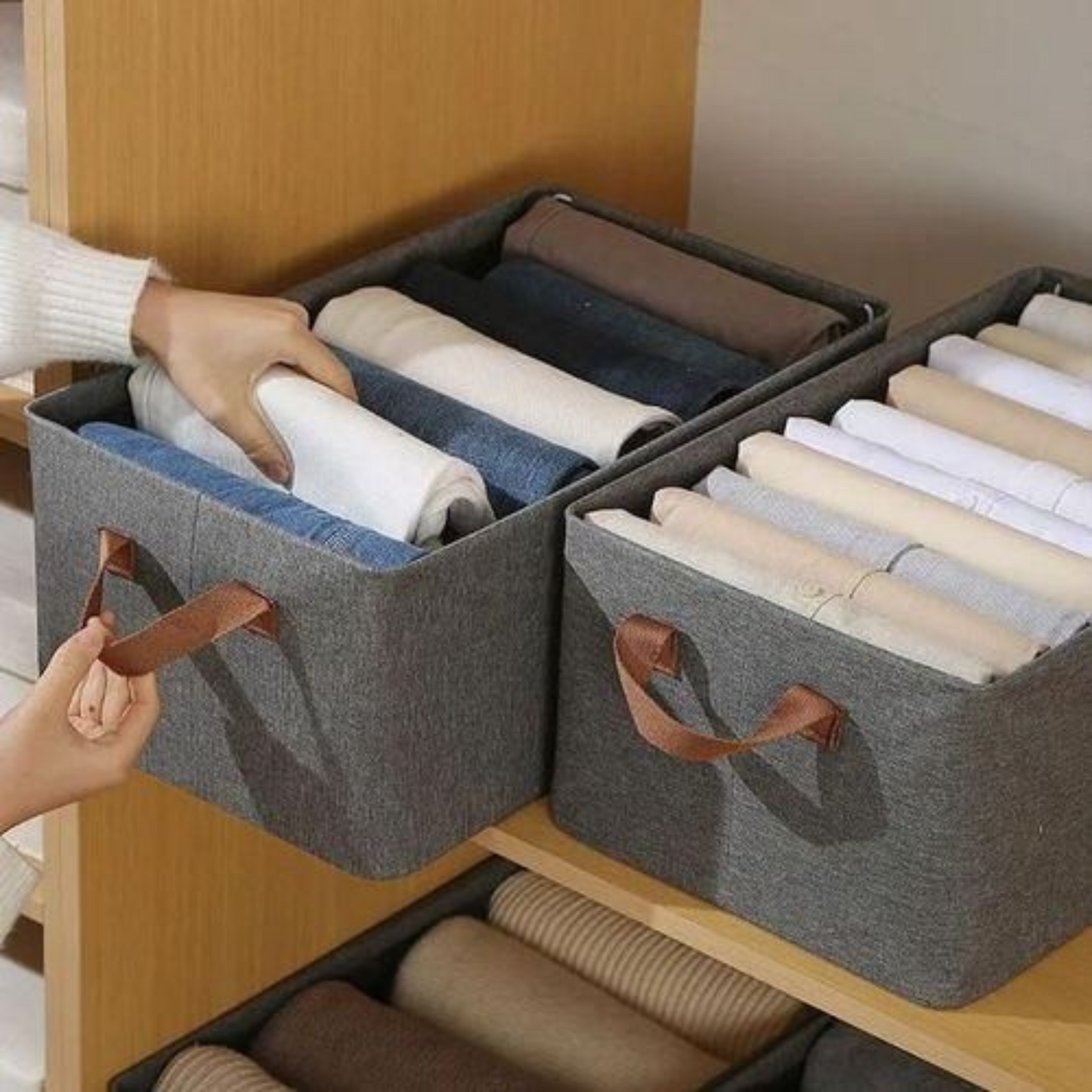 صناديق تخزين قابلة للطي بمقبض، 18 لترًا، قماش للملابس والملاءات والسترات والقمصان والبطانيات، مناسبة للأرفف والأدراج، الأبعاد: 47 × 28 × 19 سم
